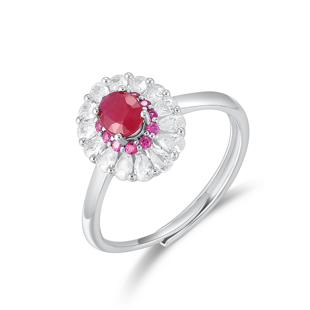 Silver Stainless Steel Ring with Red Center Stone and Zircon