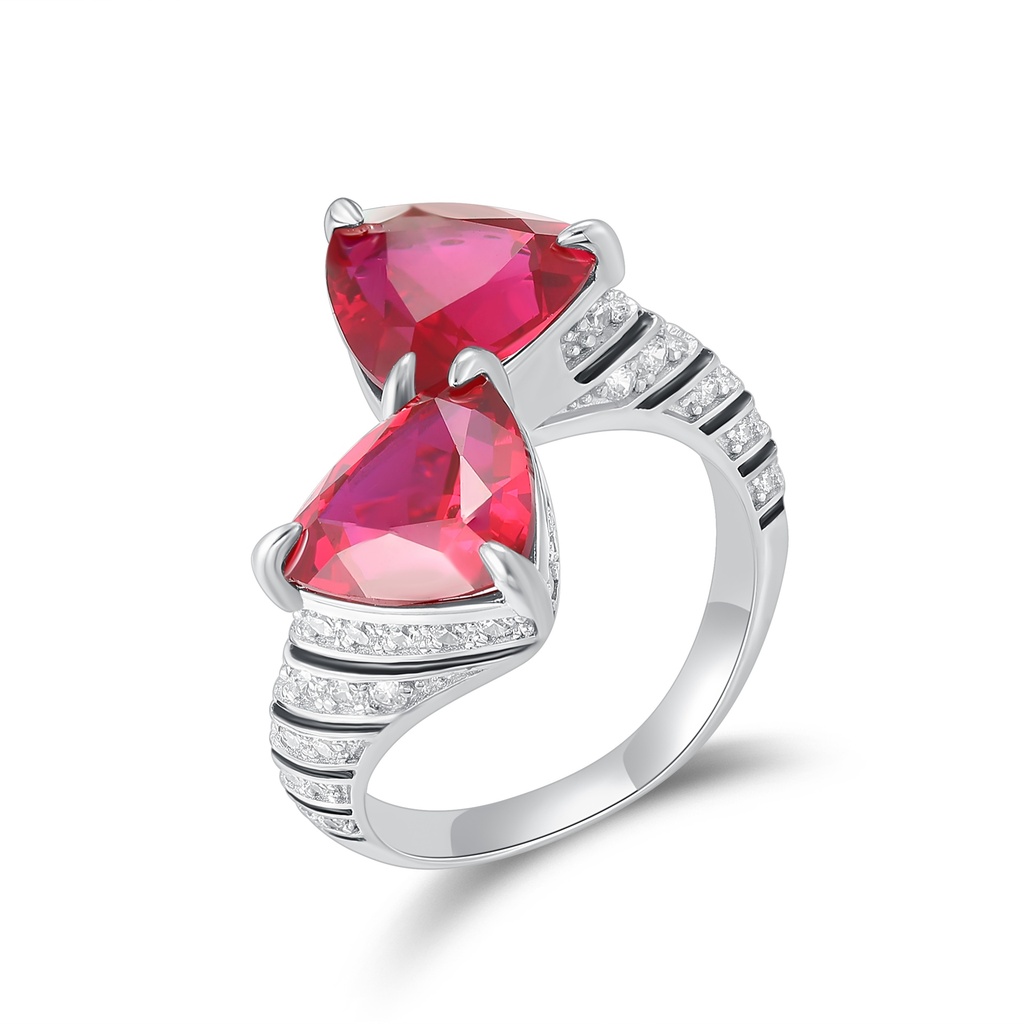 Silver Stainless Steel Ring with Twin Red Triangular Gemstones