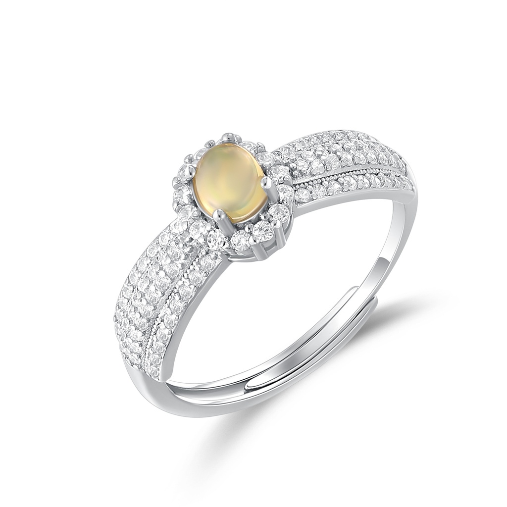 Silver Stainless Steel Ring with Yellow Opal and Clear Zircon