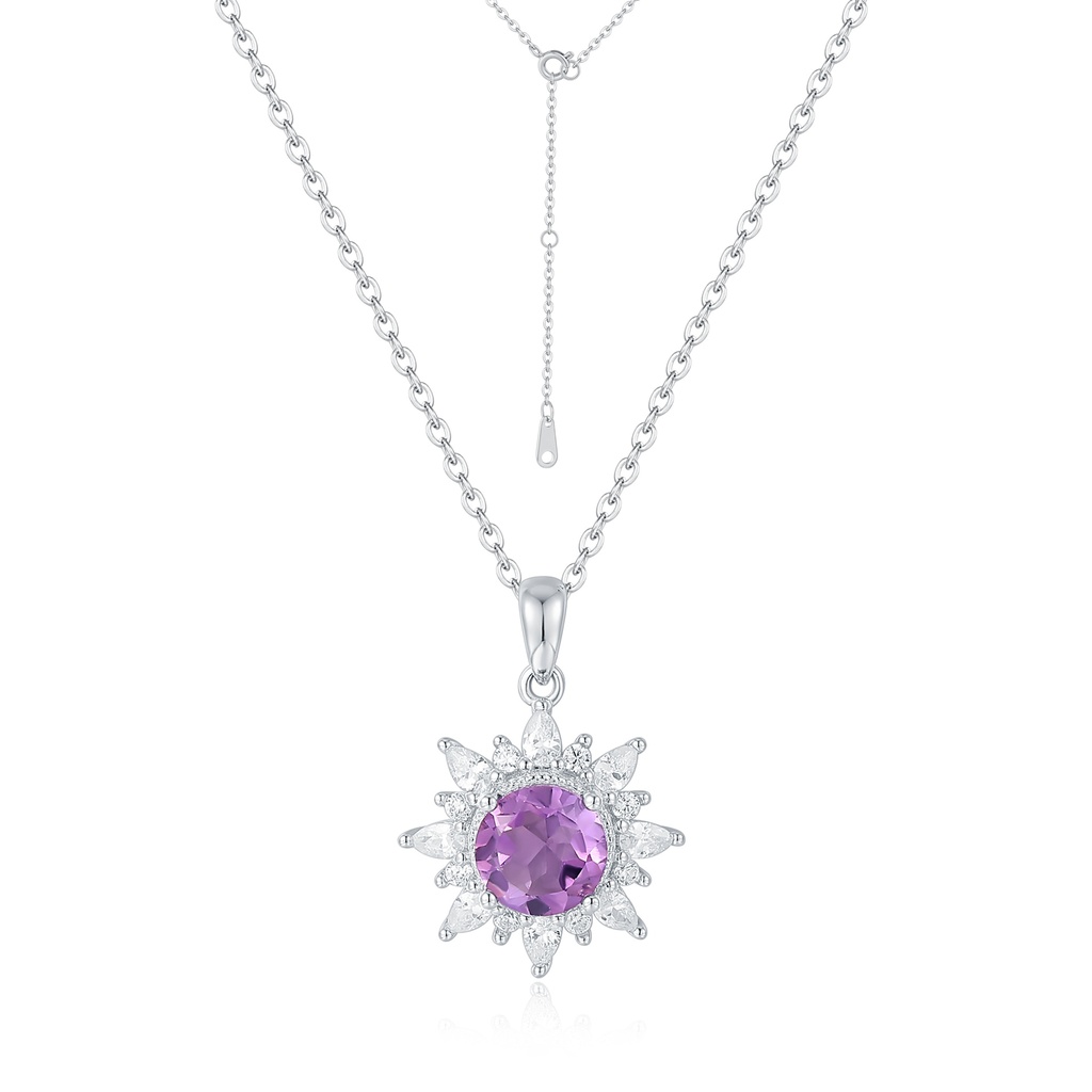 Silver Starburst Pendant Necklace with Purple CZ and Sparkling Halo