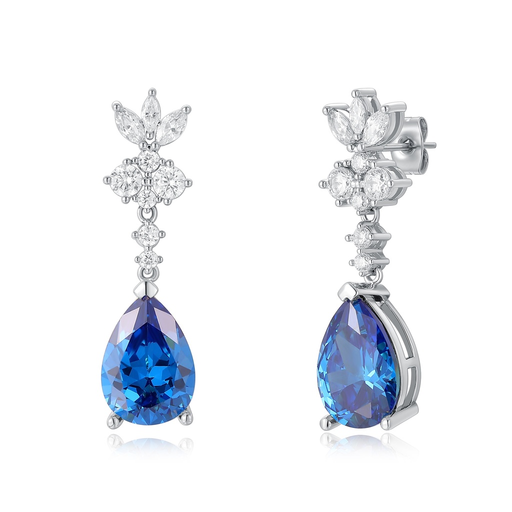 Silver Teardrop Sapphire Earrings with Diamond Floral Accent Design