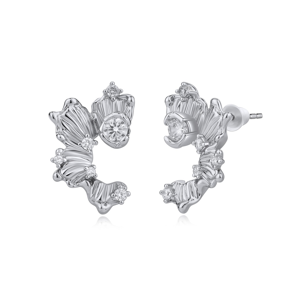 Silver Textured Leaf-Shaped Earrings with Zircon Accents
