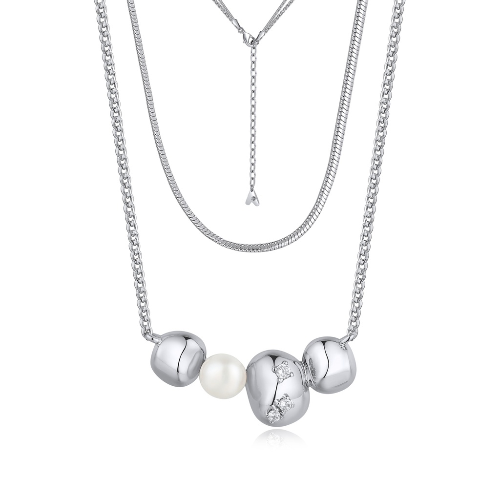 Silver Triple Chain Necklace with Round Beads and Pearl
