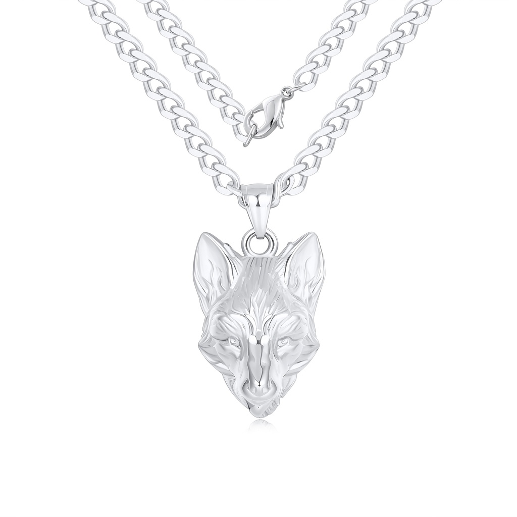 Silver Wolf Head Pendant Necklace in Stainless Steel Finish