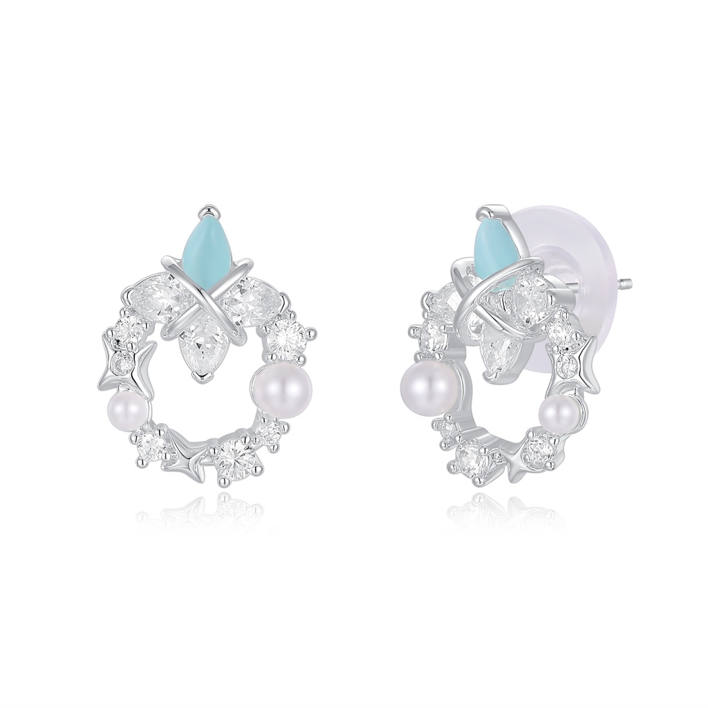 Silver Wreath Pearl Earrings with Blue Accent Stone
