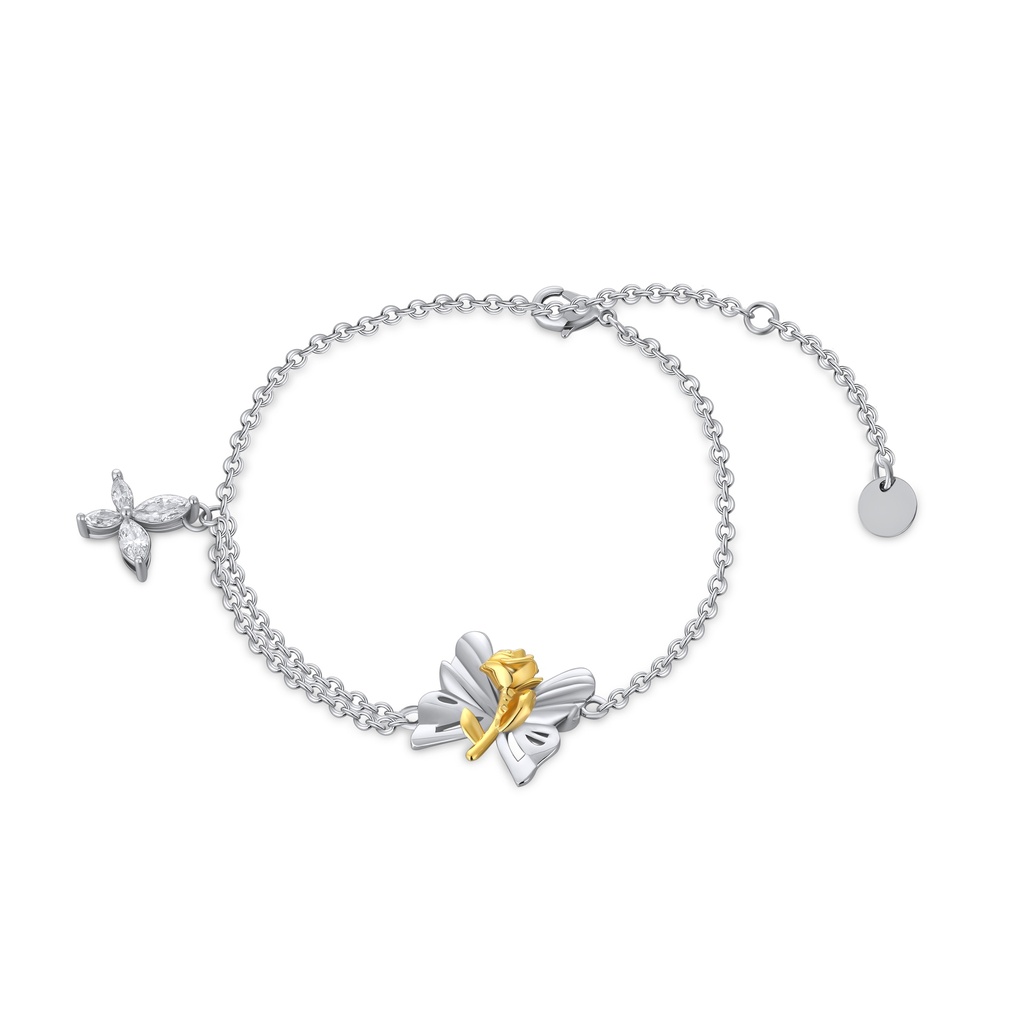 Silver and Gold Butterfly Bracelet with Delicate Rose Accent