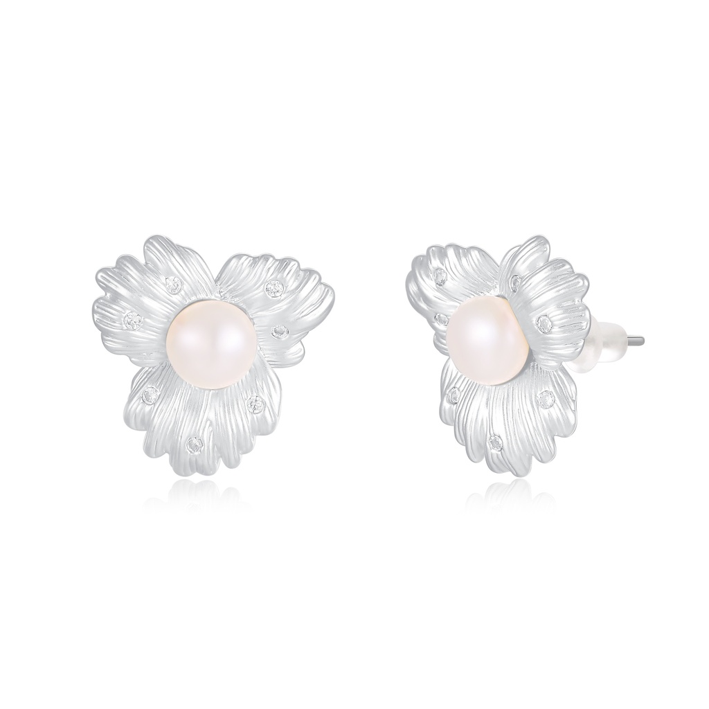 Silver flower earrings with central pearl and textured petal design