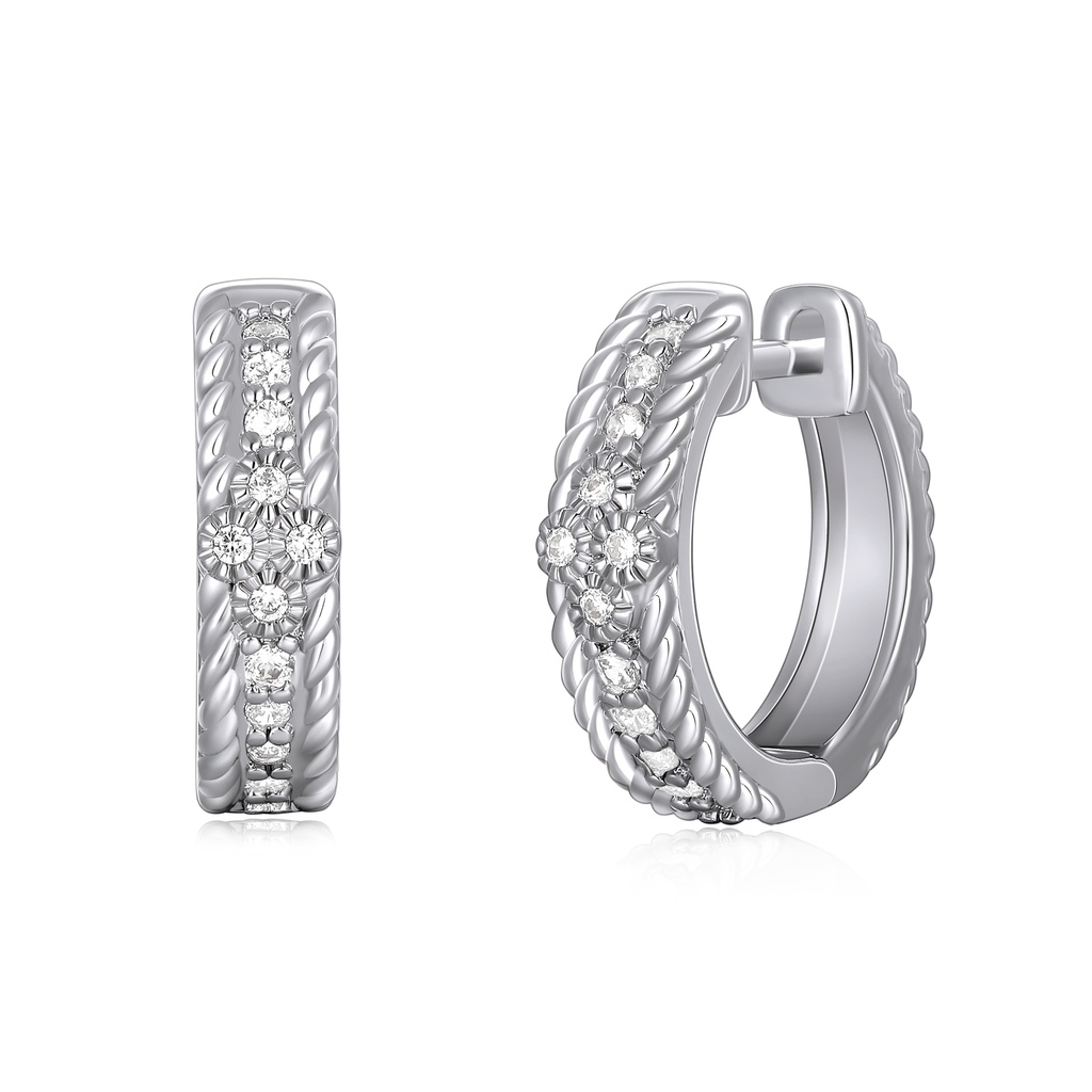 Silver huggie hoops with rope texture and dainty daisy crystals