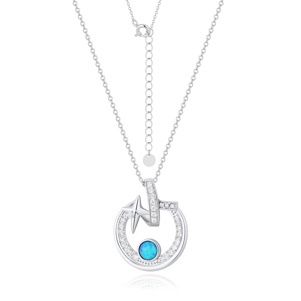 Silver orbit necklace with sparkling star and opal centerpiece stone.