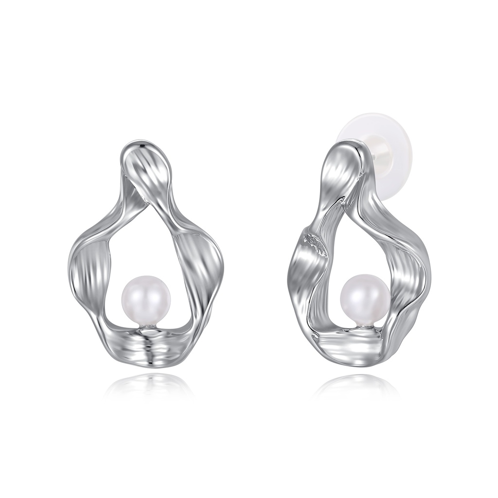 Silver wave earrings with abstract shape and floating pearl detail
