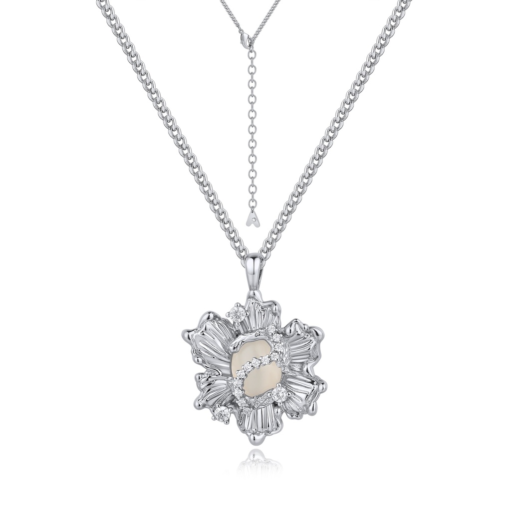 Silver-Plated Floral Pendant Necklace with Crystals and Resin Centerpiece