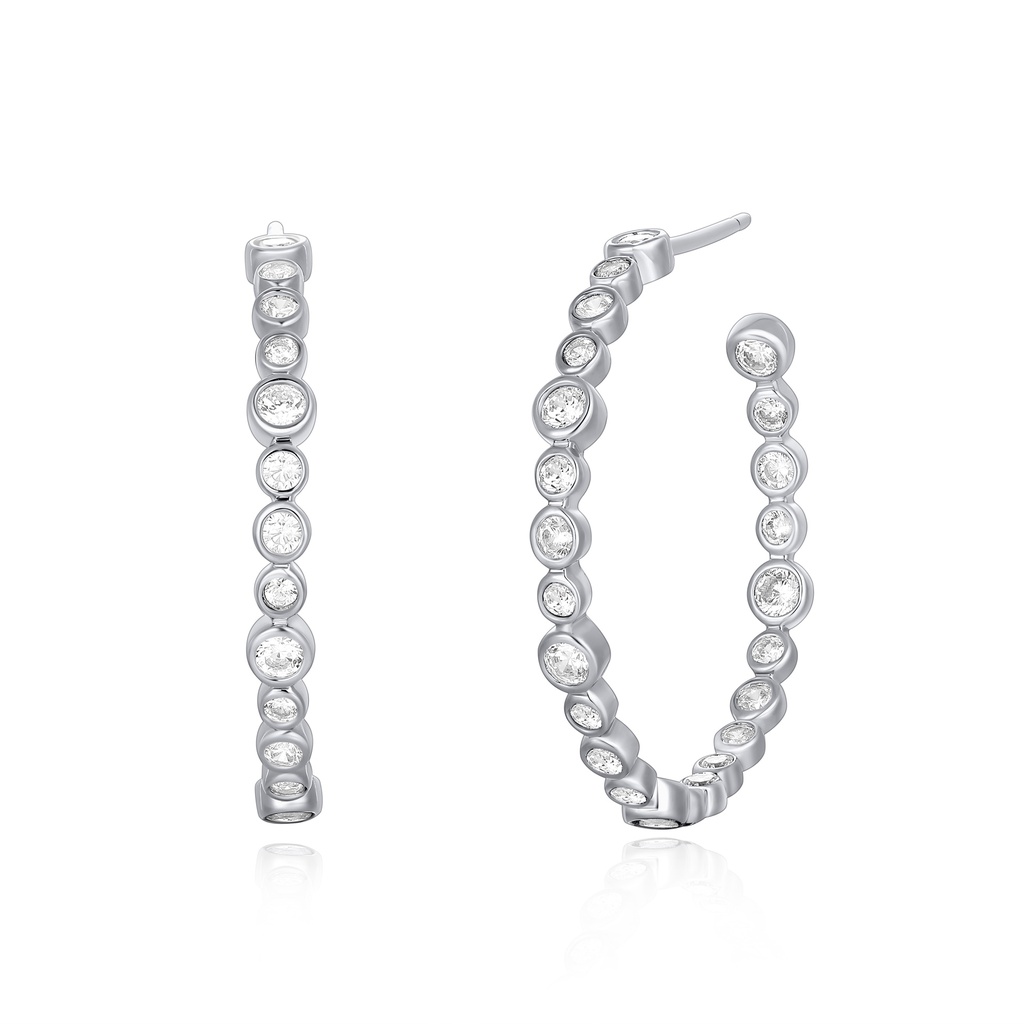 Silver-Tone Bezel-Set Crystal Hoop Brass Earrings