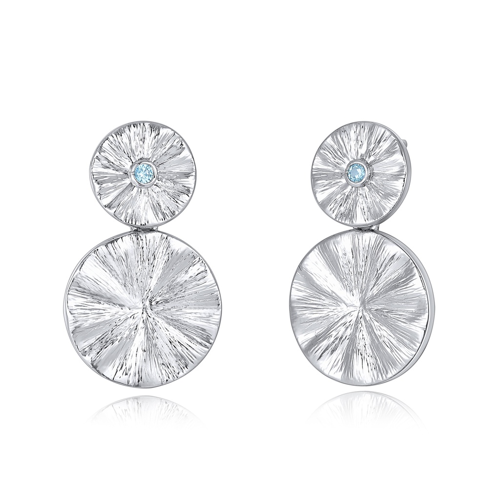 Silver-Tone Dual Circle Earrings with Blue Crystal Centerpiece
