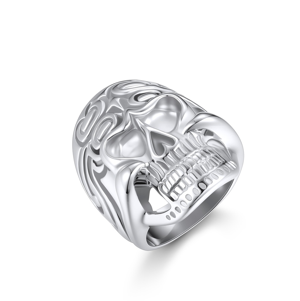 Bold Stainless Steel Skull Ring with Intricate Carved Flame Design