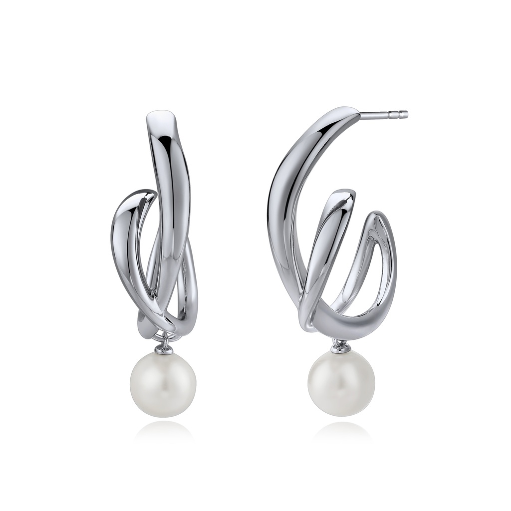 Silver-Tone Sculptural Hoops with Pearl Drop