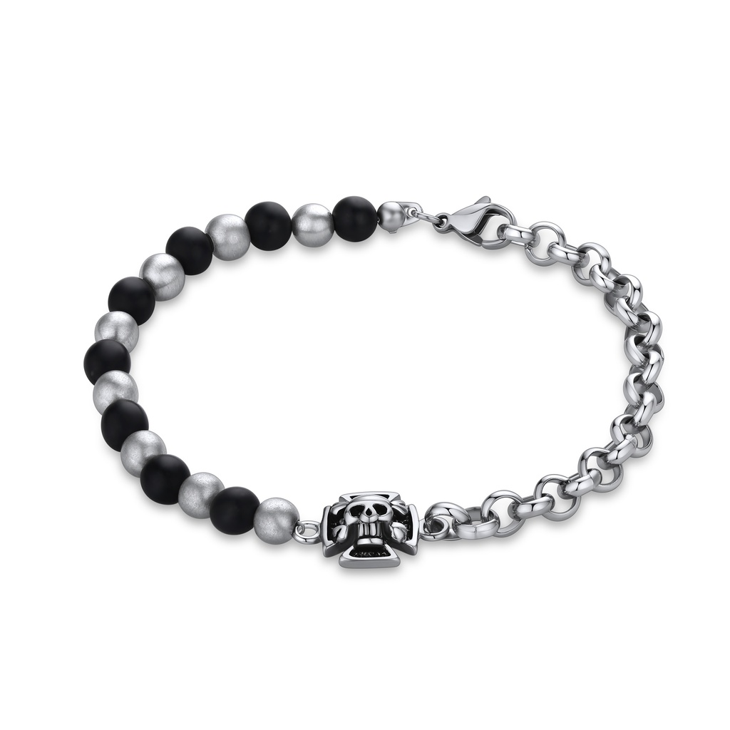 Skull Clasp Stainless Steel Chain Bracelet with Matte Beads