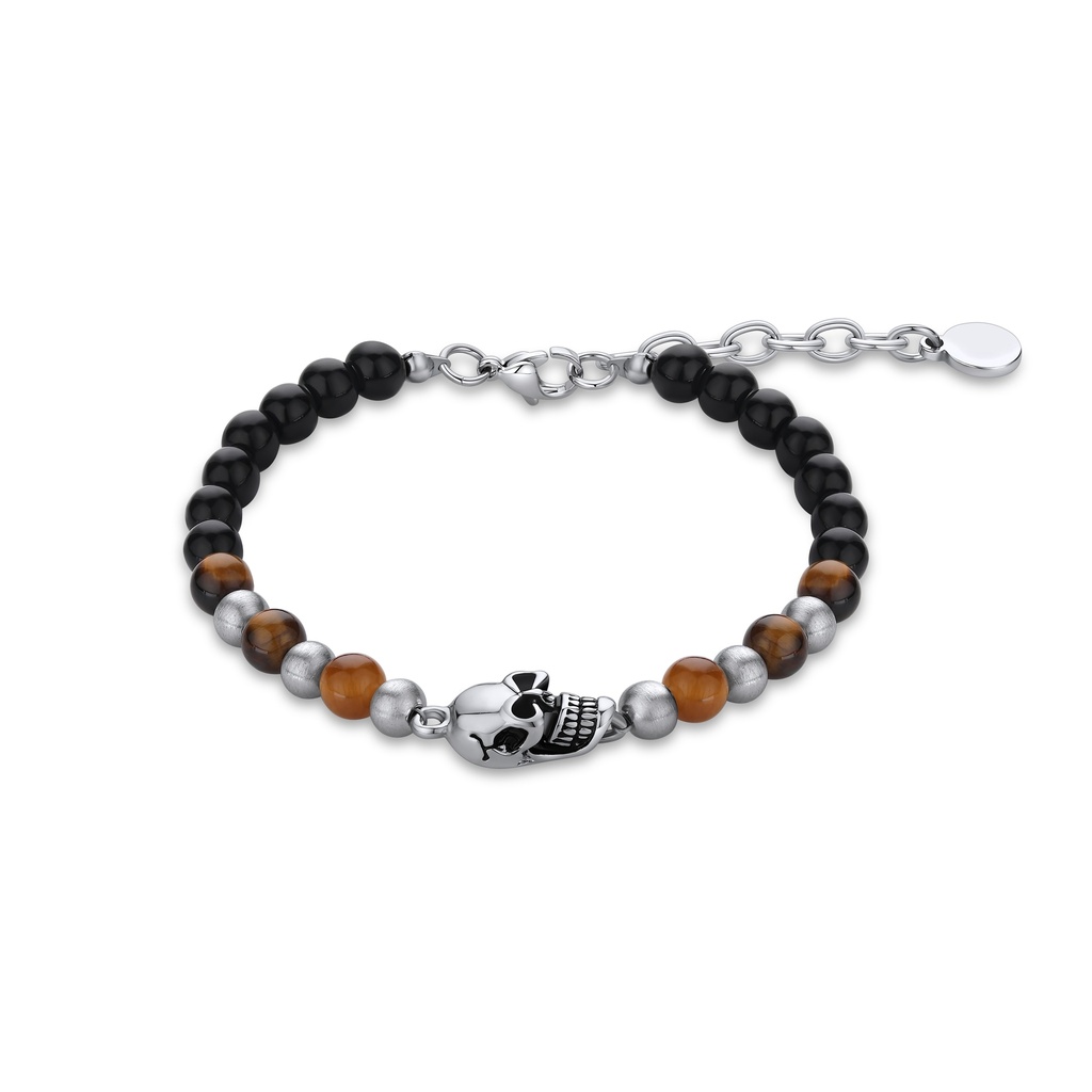 Skull Design Beaded Bracelet with Onyx and Tiger Eye Stones