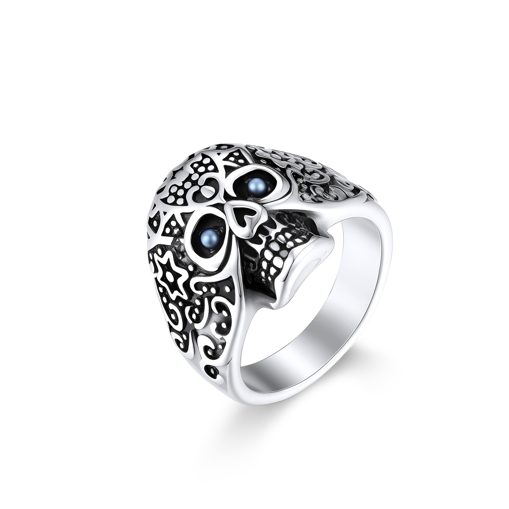 Bold Stainless Steel Skull Ring with Intricate Floral Design and Blue Eyes