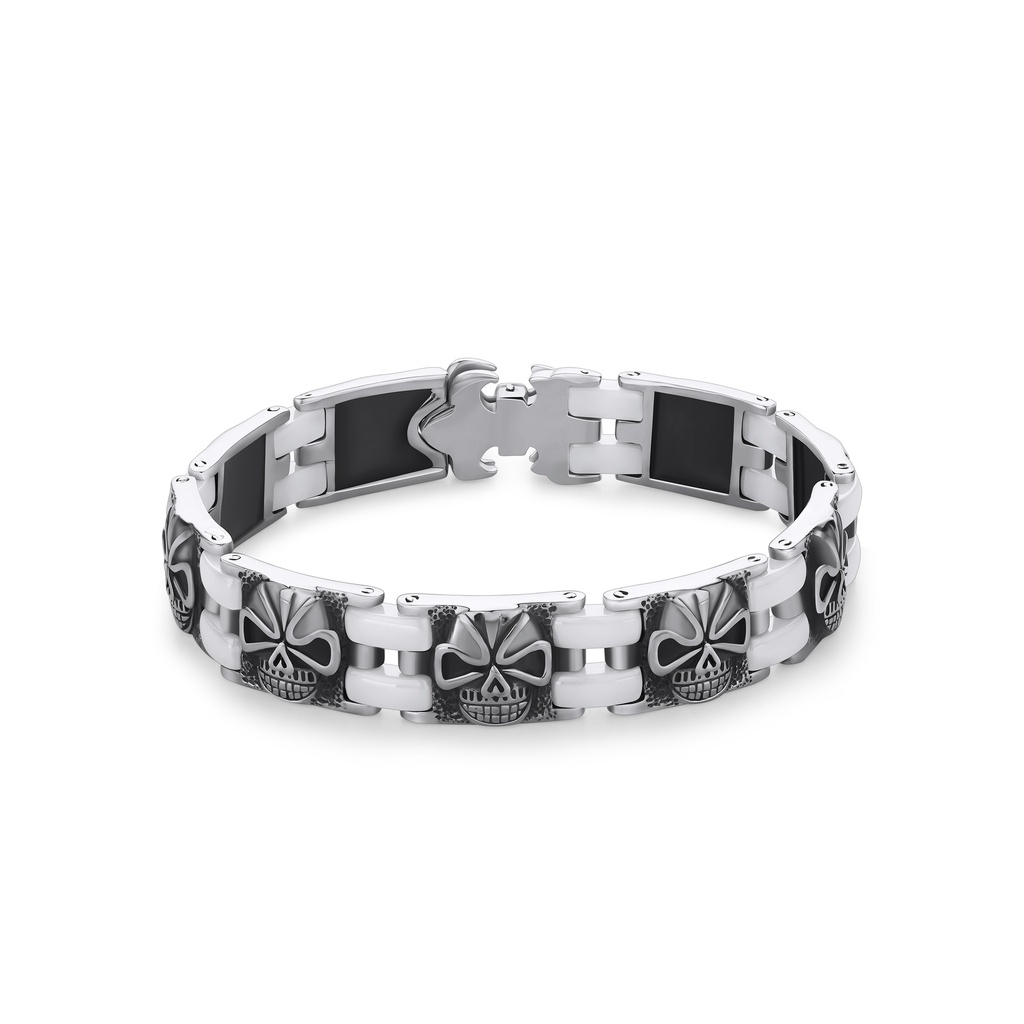 Skull Design Stainless Steel Link Bracelet with Black Inlay