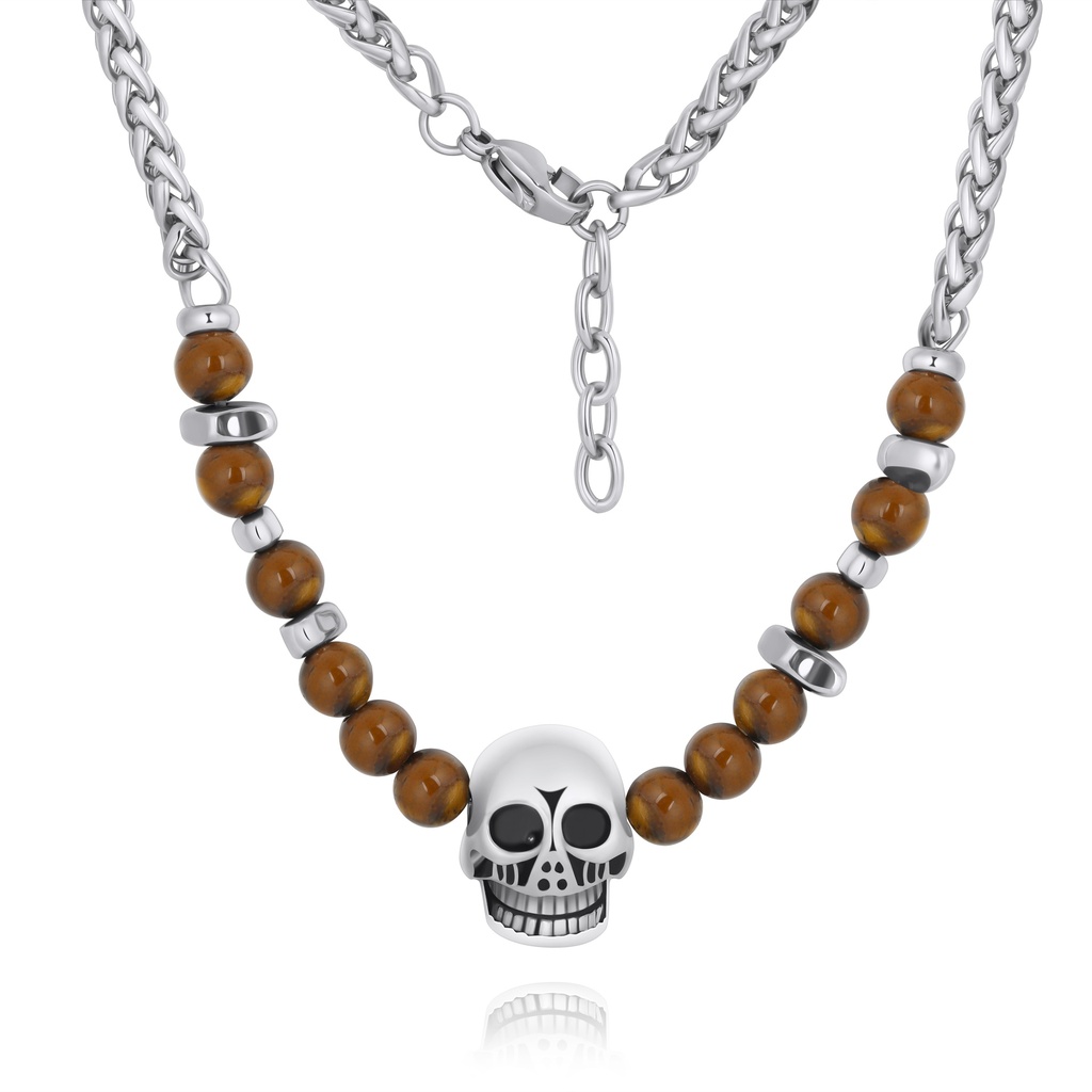 Skull Pendant Tiger Eye Bead Necklace with Stainless Steel Chain