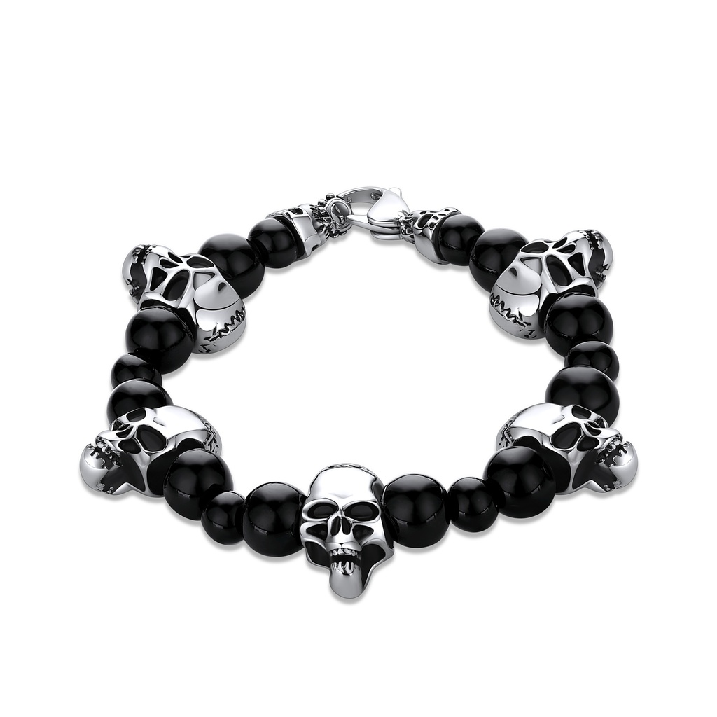 Skull and Onyx Beaded Stainless Steel Bracelet with Bold Design