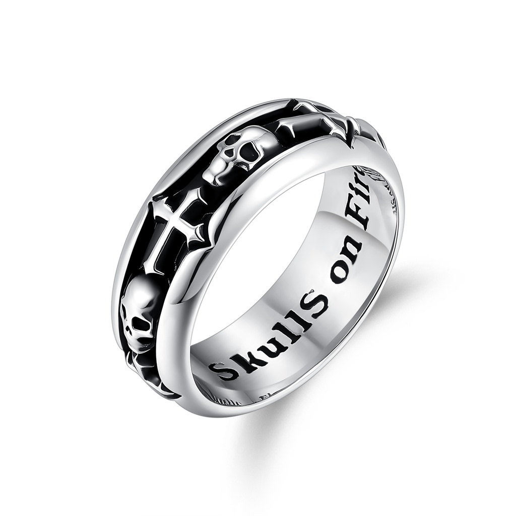 Skulls and Crosses Stainless Steel Ring with Inner Fire Inscription