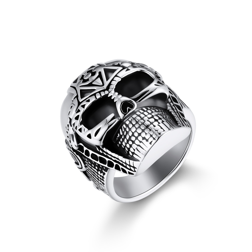 Bold Stainless Steel Skull Ring with Intricate Gothic Carvings