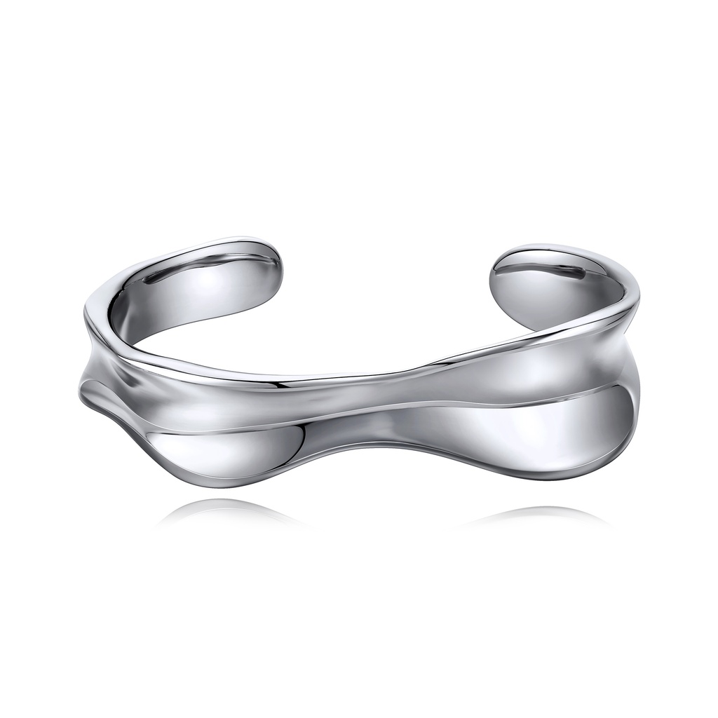 Sleek Fluid Wave Open Cuff Bracelet in Polished Silver Finish