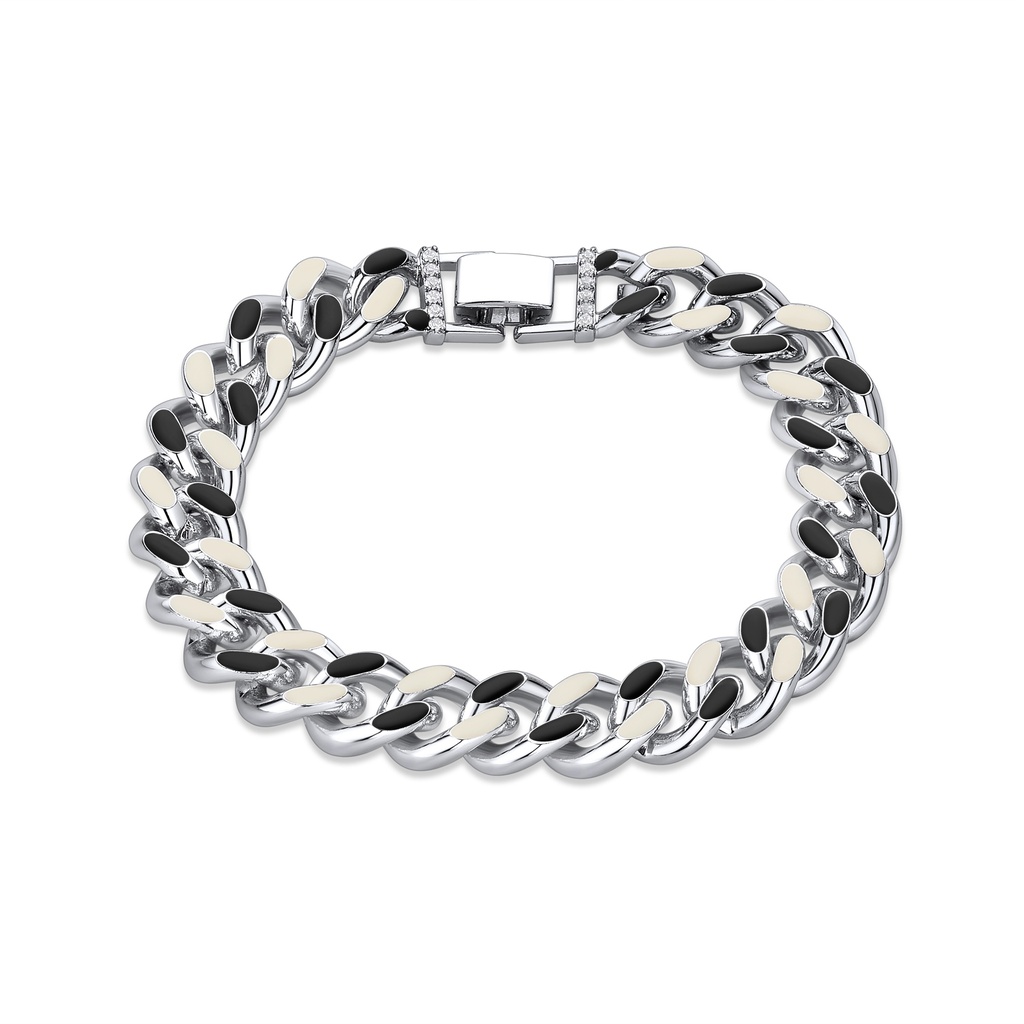 Sleek Silver Cuban Bracelet with Monochrome Enamel Details