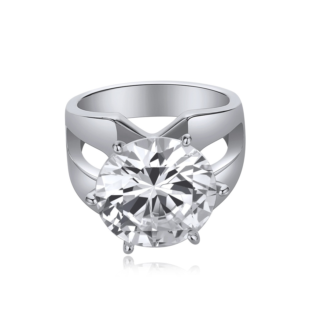 Sleek Silver Stainless Steel Ring with Large Round Crystal