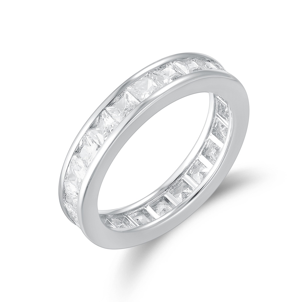 Sleek Silver-Tone Stainless Steel Channel-Set Princess-Cut CZ Eternity Ring Band
