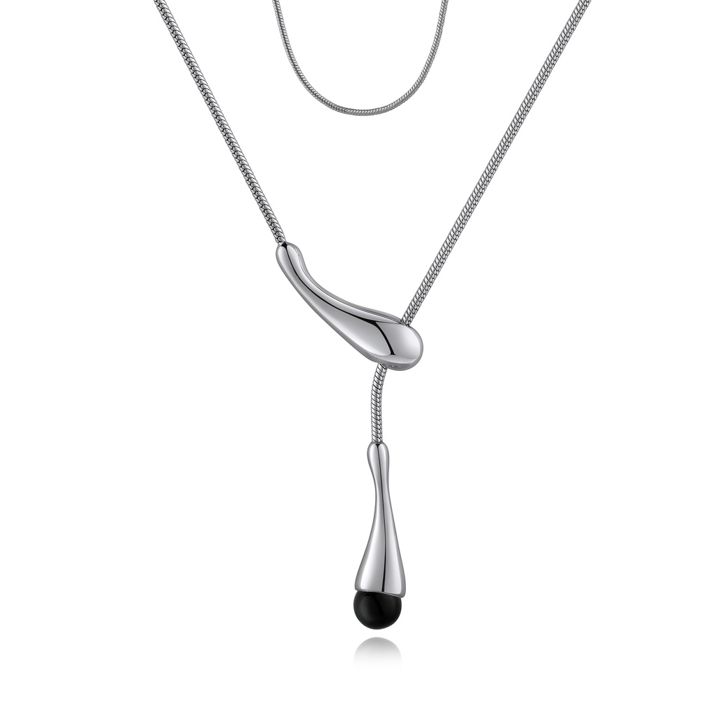 Sleek silver-tone lariat necklace with black drop bead detail