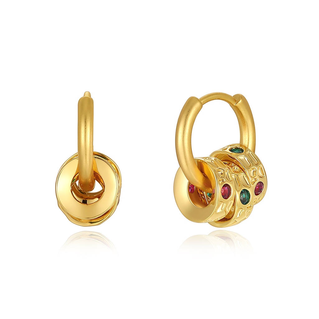 Small gold hoops with textured rings and colorful gem accents