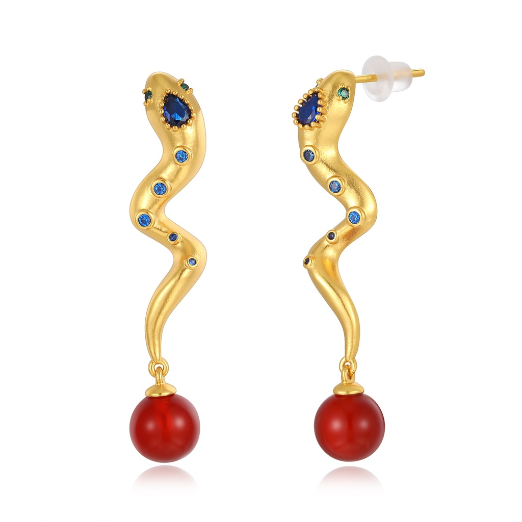 Snake-shaped earrings with blue stones and red bead drops