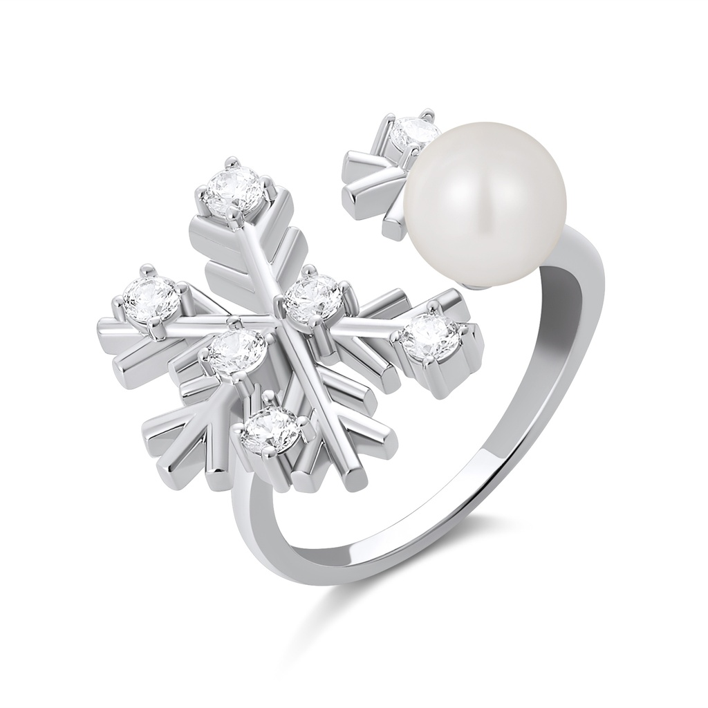 Snowflake Pearl Brass Ring with Winter-Inspired Elegant CZ Shine