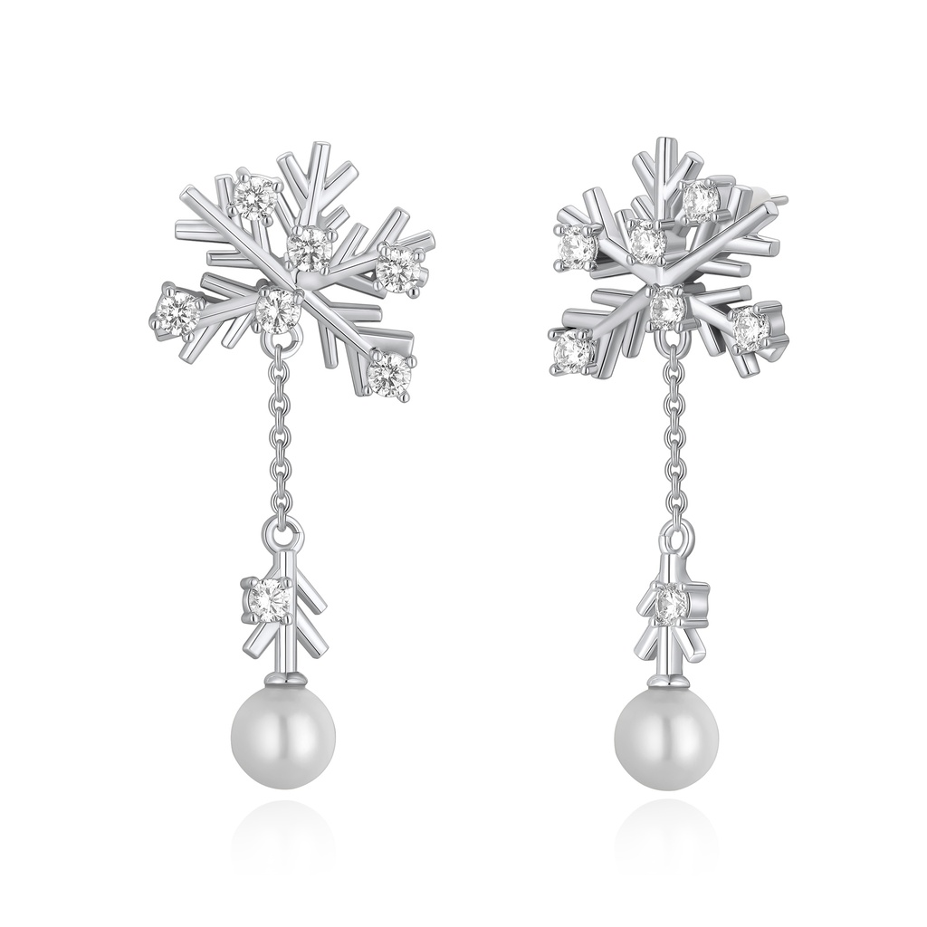 Snowflake Pearl Drop Earrings with Cubic Zirconia Crystals