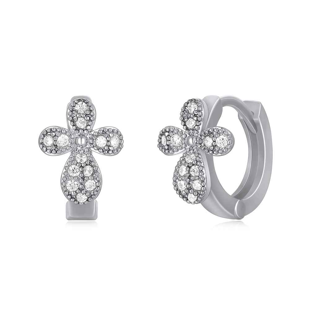 Sparkling Clustered Flower Huggie Earrings in Rhodium Plating