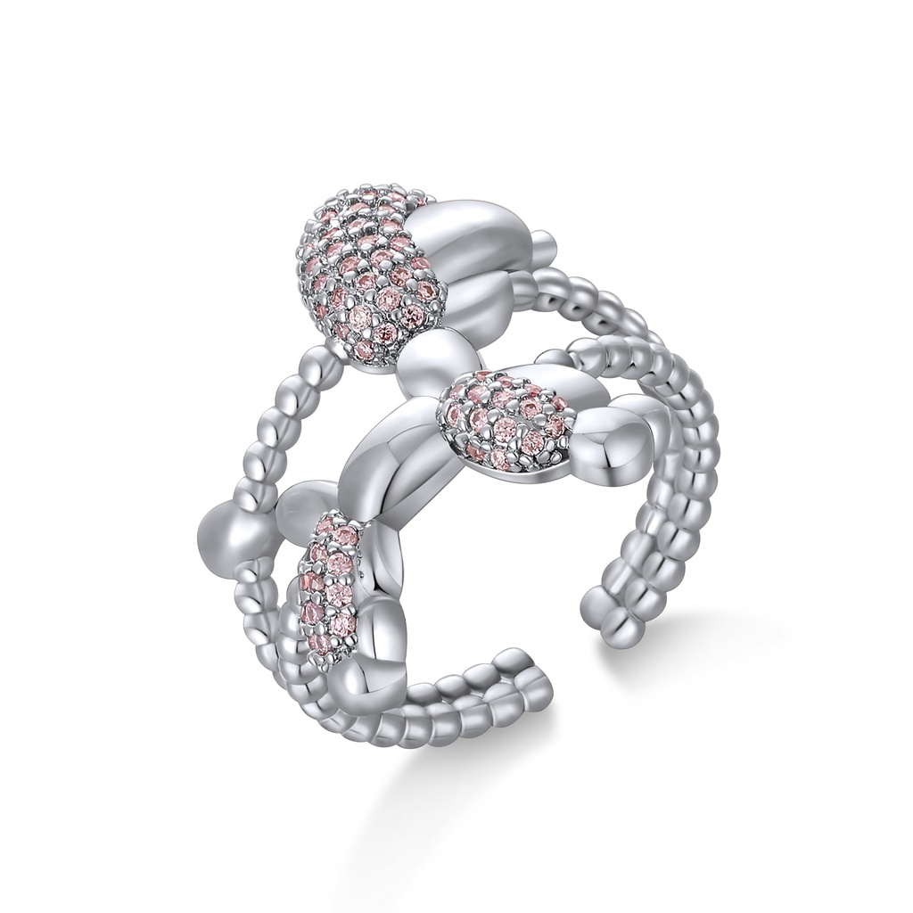 Sparkling Pink Crystal Balloon Dog Ring With Beaded Texture