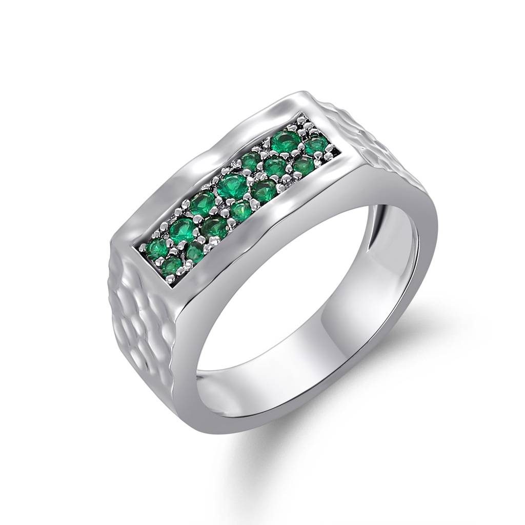 Square Silver Ring with Paved Green Crystal Center Line