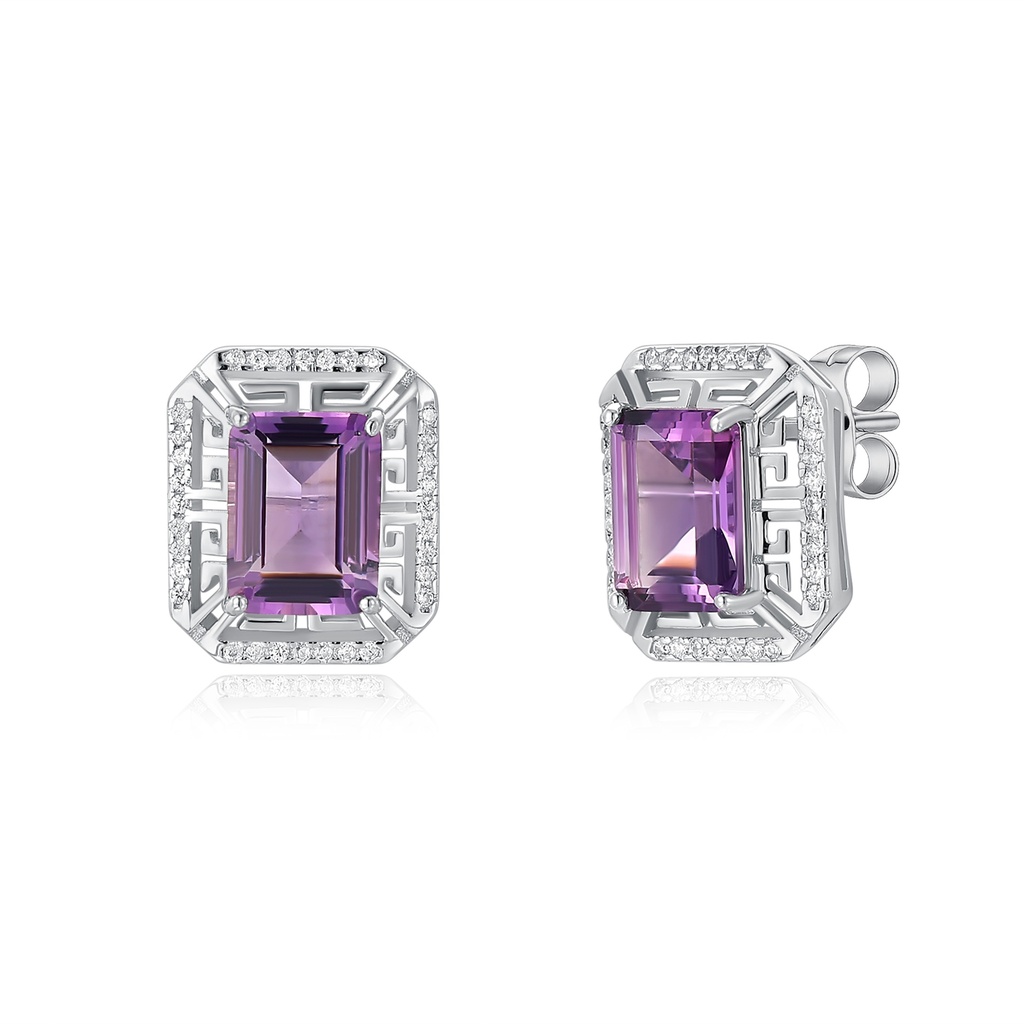 Stainless Steel Amethyst Emerald-Cut CZ Stud Earrings with Halo