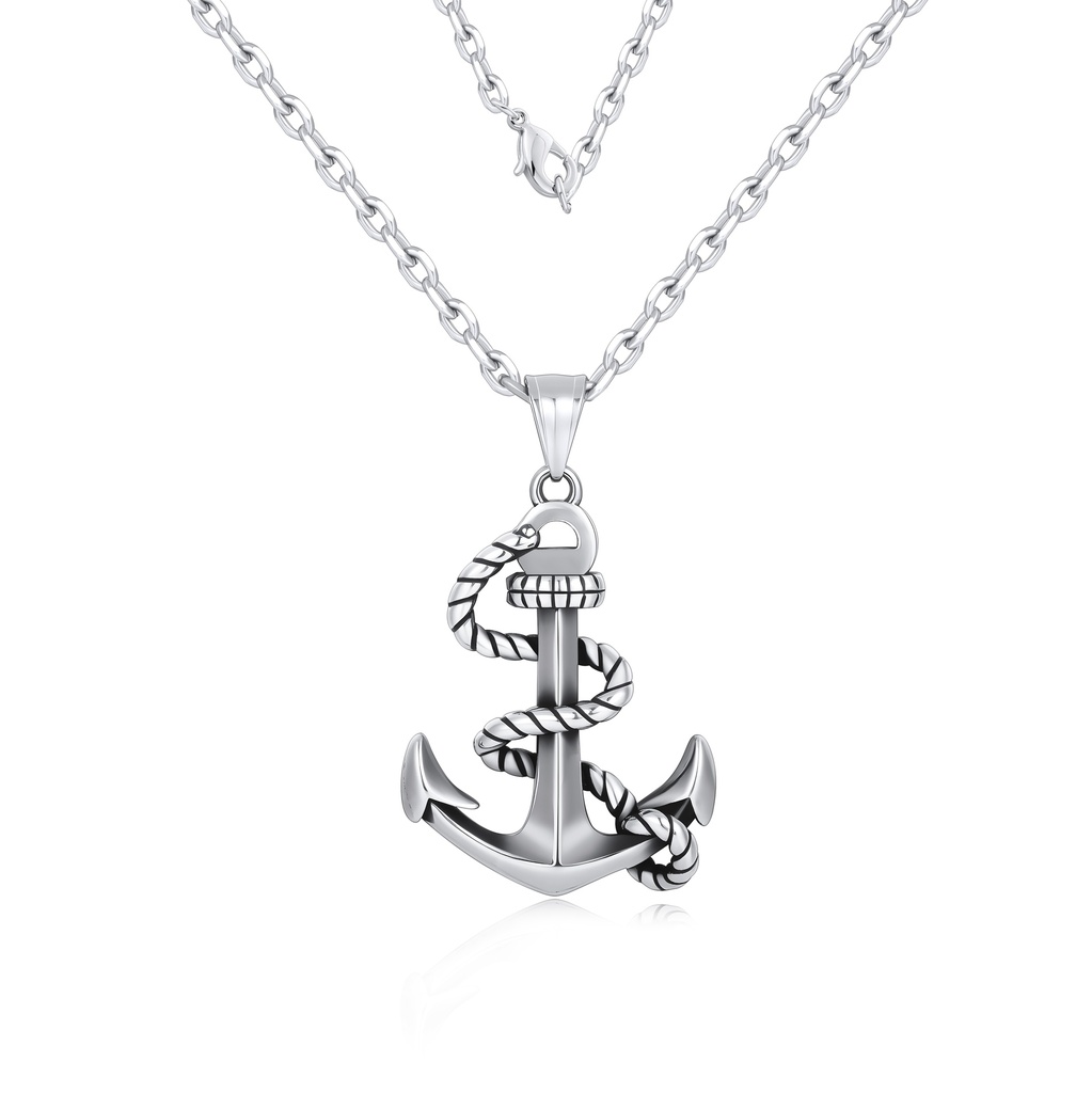 Stainless Steel Anchor Pendant Necklace with Nautical Rope Detail