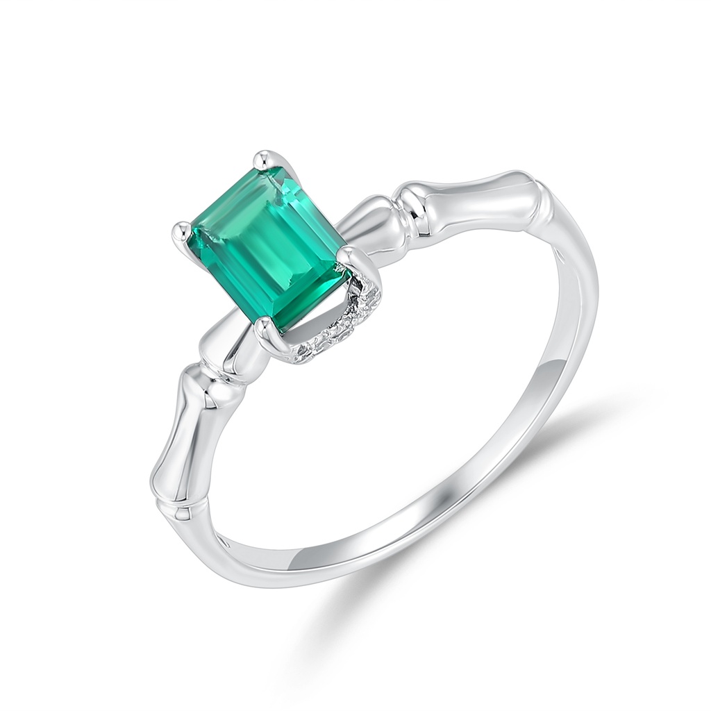 Stainless Steel Bamboo Ring with Emerald Green Rectangular Crystal
