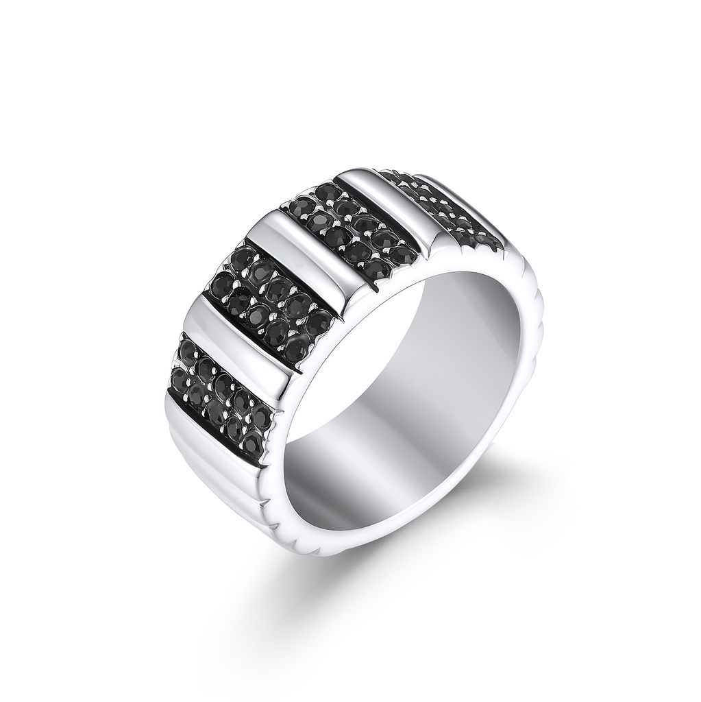 Stainless Steel Black Crystal Wide Band Ring for Men