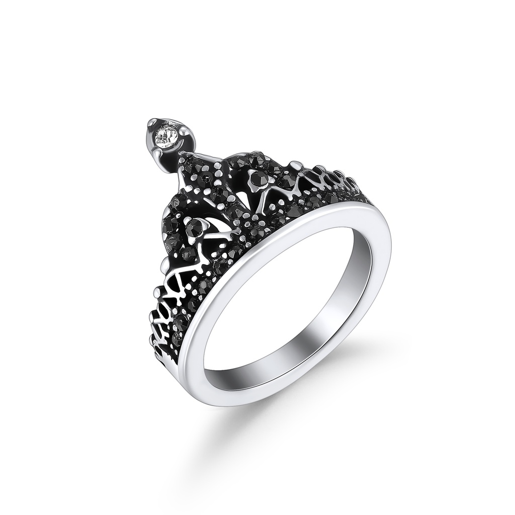 Stainless Steel Black Tiara Crown Ring with Sparkling Top Gem