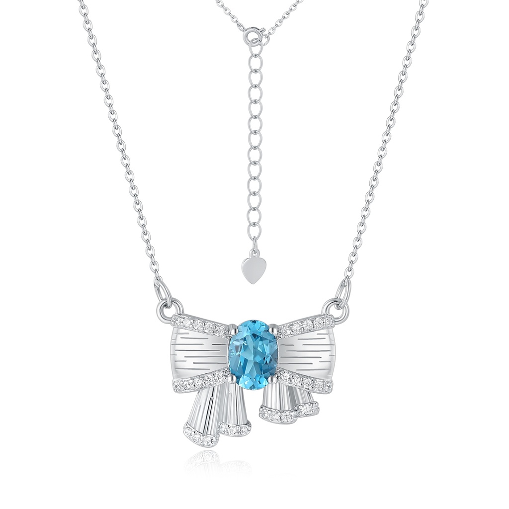 Stainless Steel Bow Necklace with Blue Gemstone and Crystals