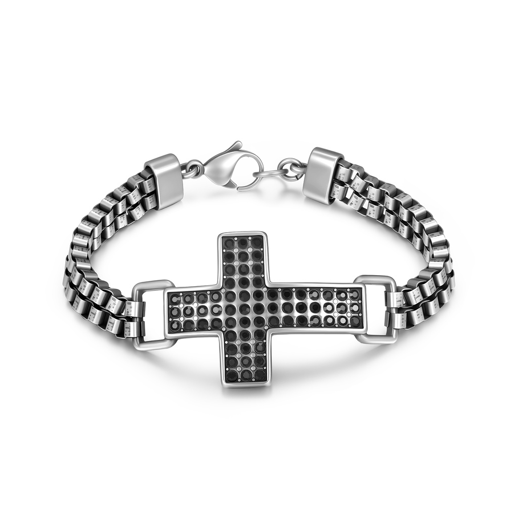 Stainless Steel Bracelet with Black Crystal Studded Cross Design