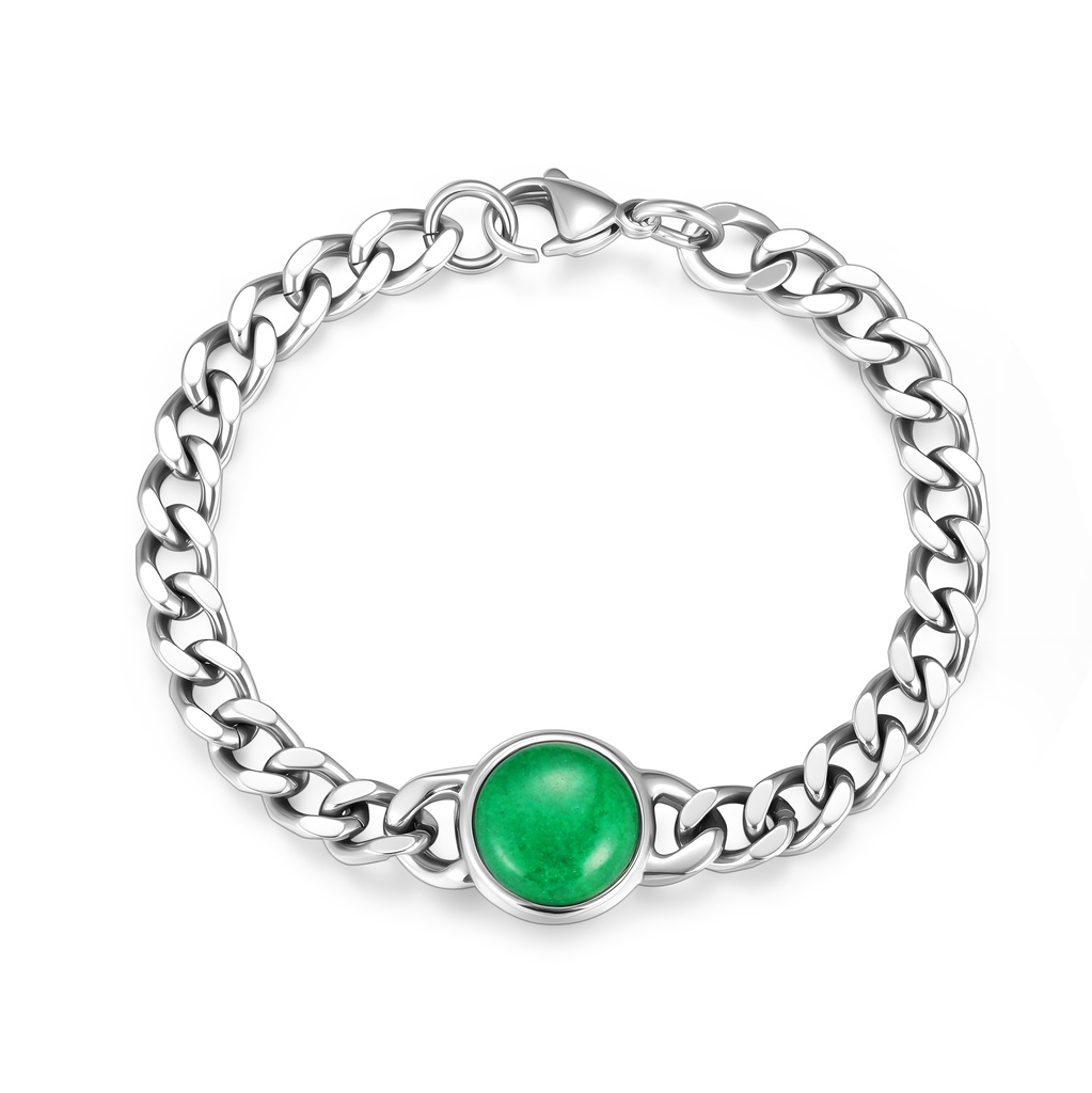 Stainless Steel Bracelet with Natural Green Stone Center Accent