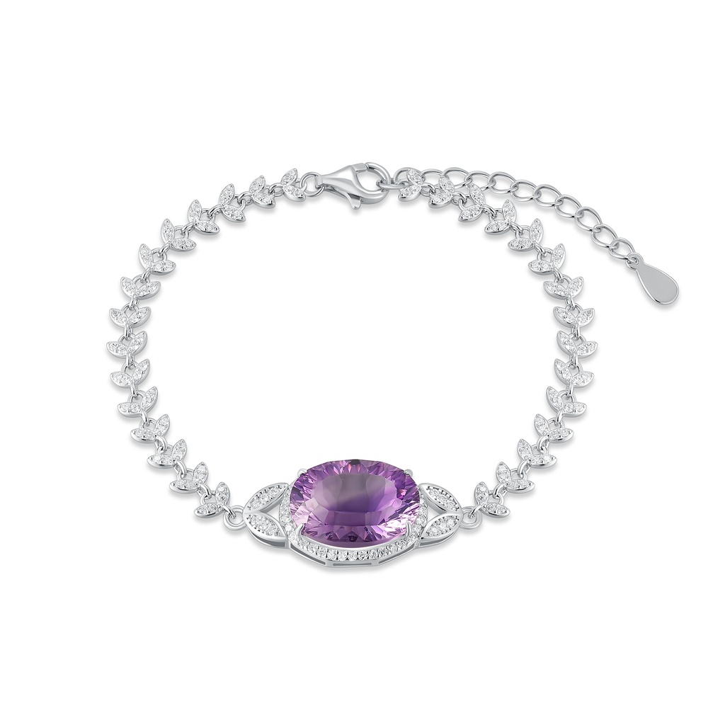 Stainless Steel Bracelet with Purple Center Stone and Crystals