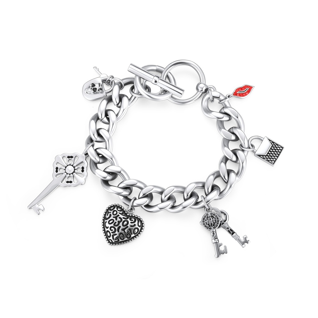 Stainless Steel Charm Bracelet – Vintage Keys, Hearts, Lips & Lock