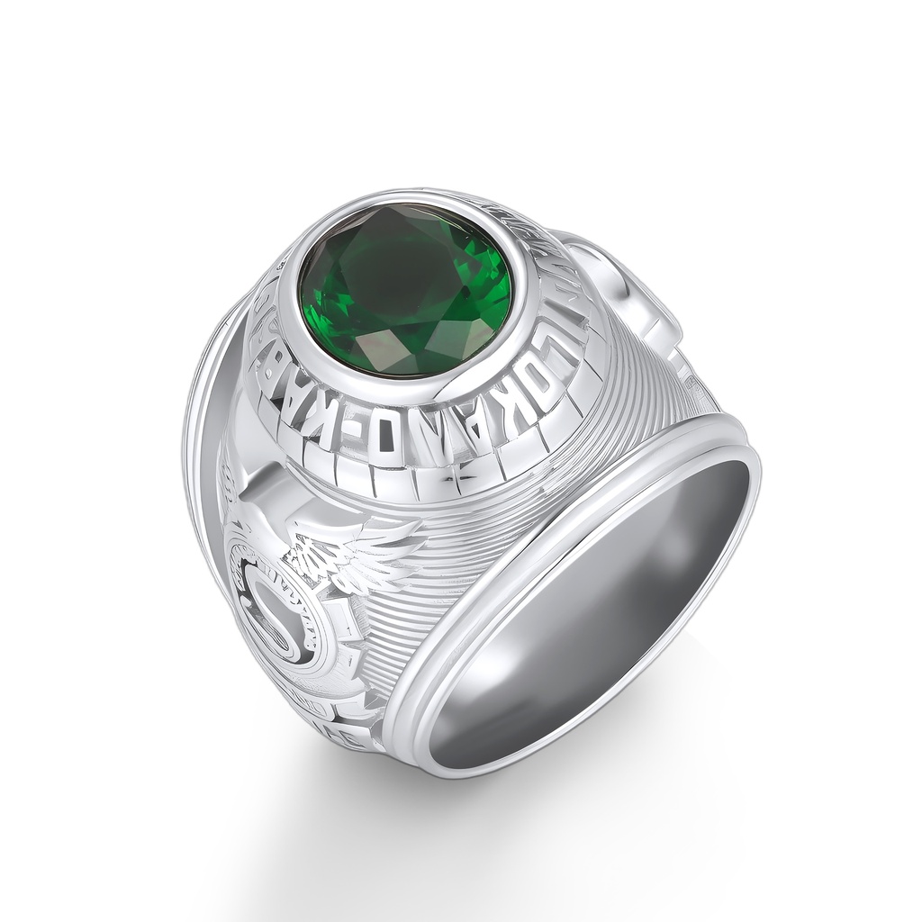 Stainless Steel Class Ring with Green Gemstone and Eagle Emblem